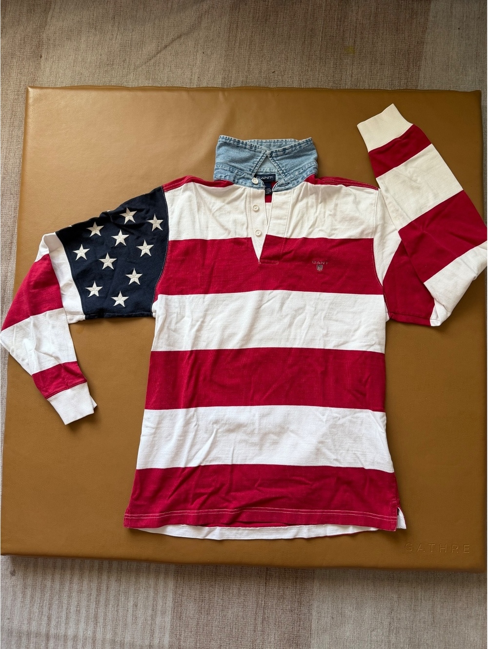 GANT Men's Long Sleeve Rugby American Flag Polo Denim Collar